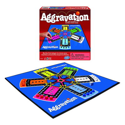 Cover of board game "Aggravation: the classic marble race game". Not for children under 3 years.