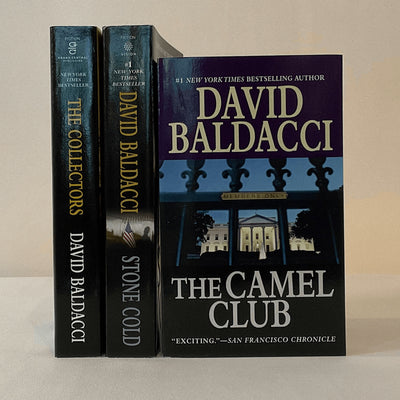 Covers of "The Camel Club", "Stone Cold", and "The Collectors" all by David Baldacci.
