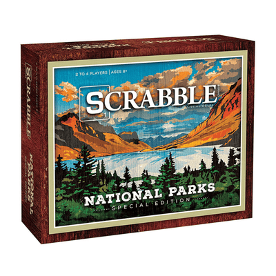 Scrabble National Parks Special Edition box with illustration of forest, lake, and mountains.