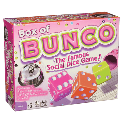 Front of box for "Box of Bunco: The Famous Social Dice Game!" 