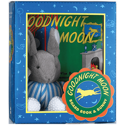 Cover of "Good night Moon" board book and bunny giftset.