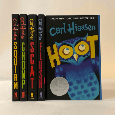 #1 New York Times Bestseller Carl Hiaasen's "Squirm", "Chomp", "Scat", "Flush", and "Hoot".