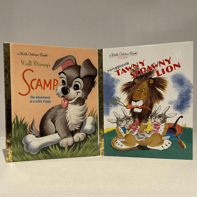 Covers of a Little Golden Books Walt Disney's "Scamp" and Tenggren's "Tawny Scrawy Lion".