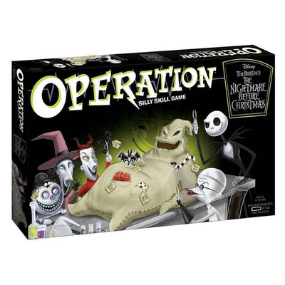 Tim Burton's The Nightmare Before Christmas Operation "Silly Skill Game". Cover states 2 AA batteries are required, but not included.