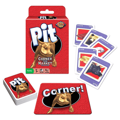 Pit card game for ages 7 and up, takes 30-45 minutes, and is for 3-8 players. 