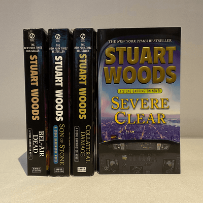 Covers of "Severe Clear", Collateral Damage", "Son of Stone", and "Bel-Air Dead" by Stuart Woods.