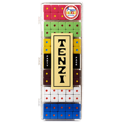 Cover of "Tenzi"  game with six sets of dice instead of four, all new colors, and a nifty storage case.